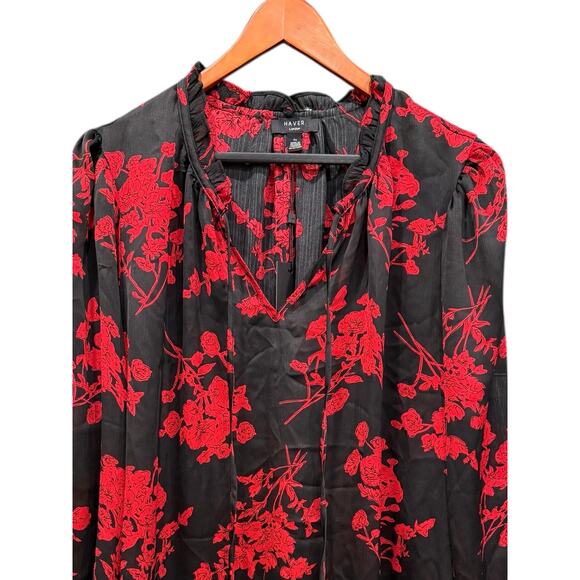 Haver London NEW 2X Plus Black Red Semi Sheer Flowy Blouse Work Career Church - Picture 7 of 7